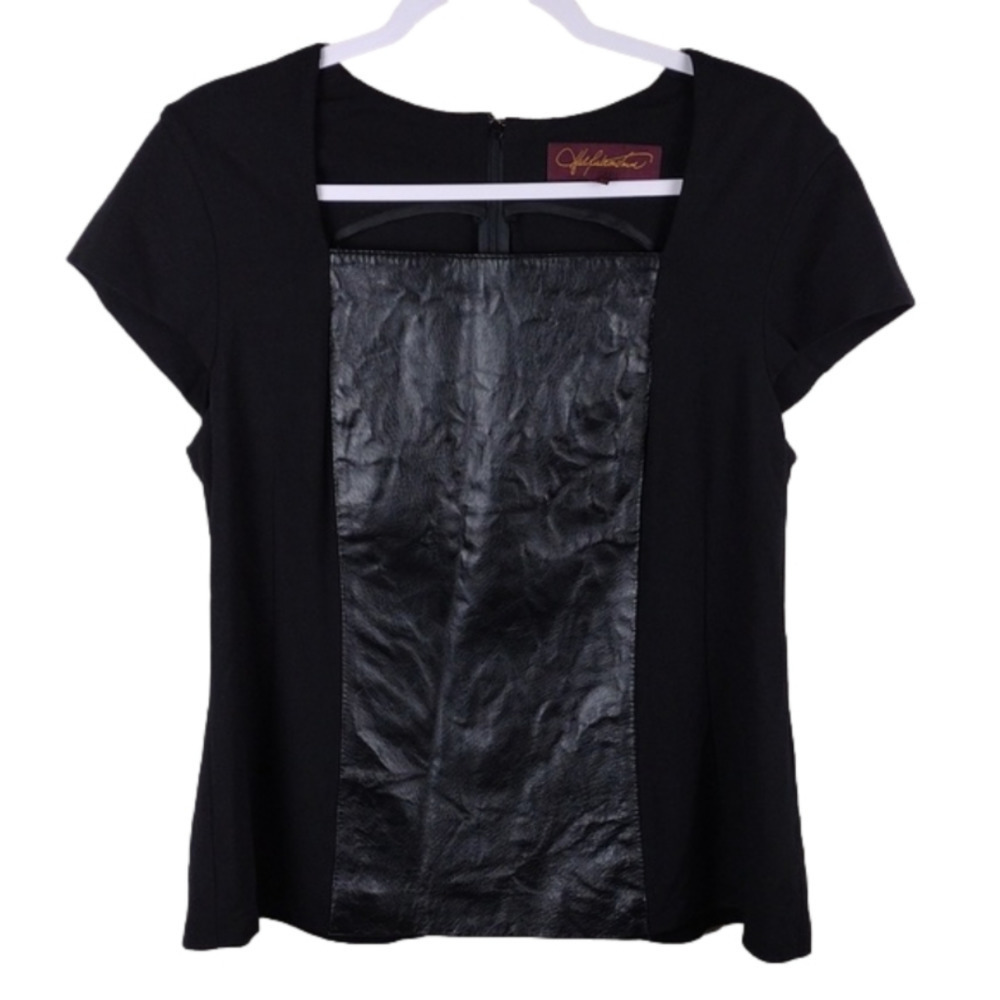 Hal Rubenstein Black Leather Rayon Square Neckline Short Sleeve Waist Length Top
